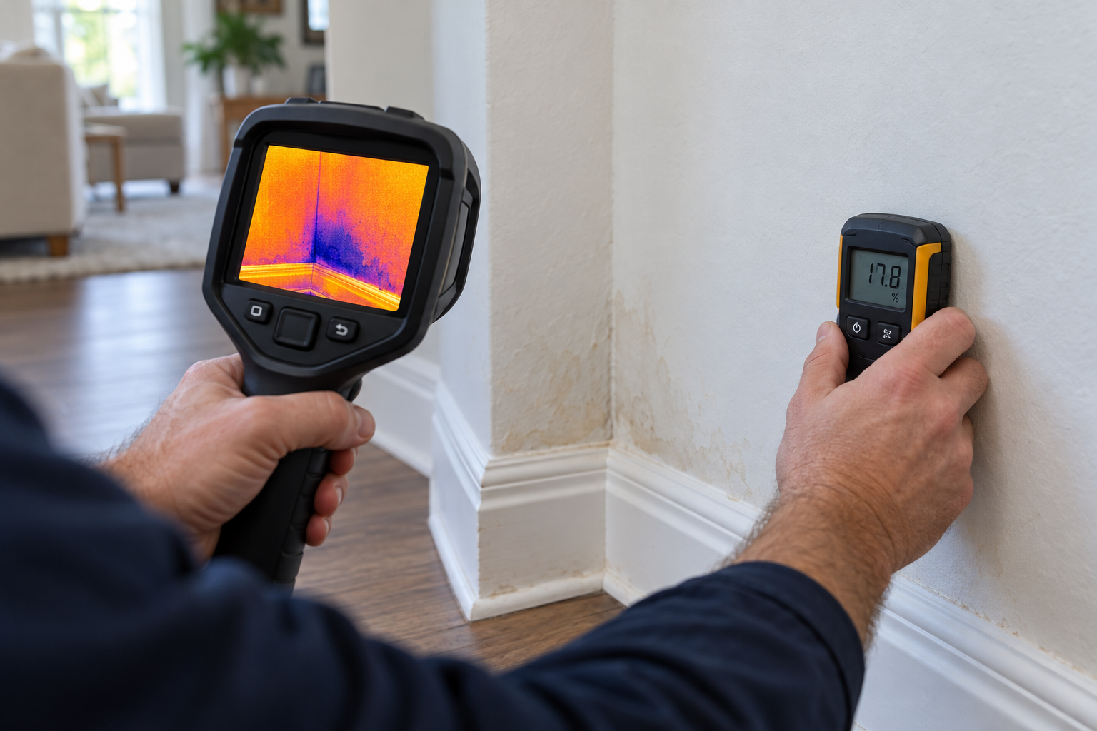 Thermal camera and moisture meter checking a wall for signs of hidden moisture