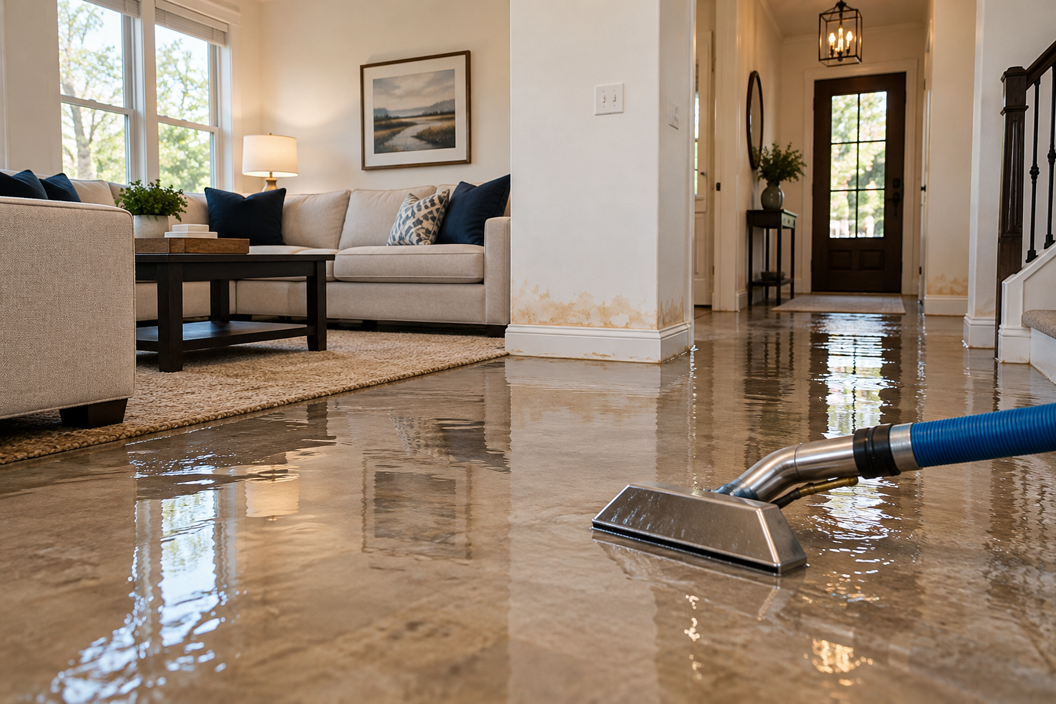 Water damage inside a home requiring water extraction and drying