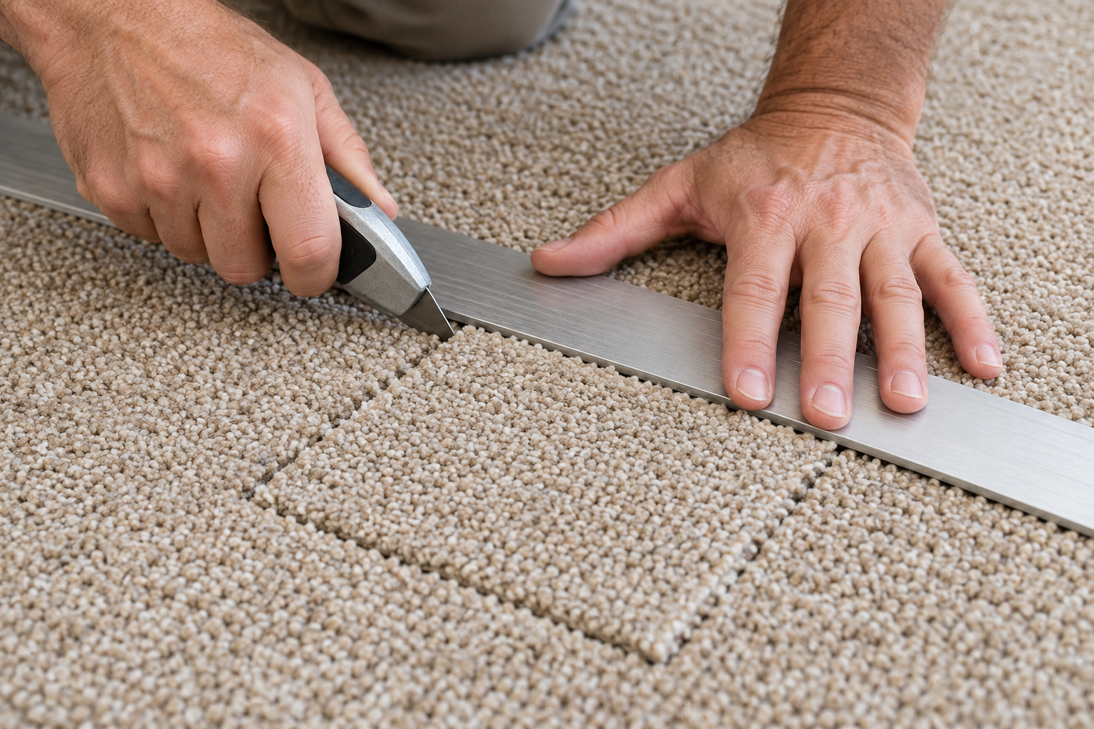 Hands cutting carpet for a matching repair patch