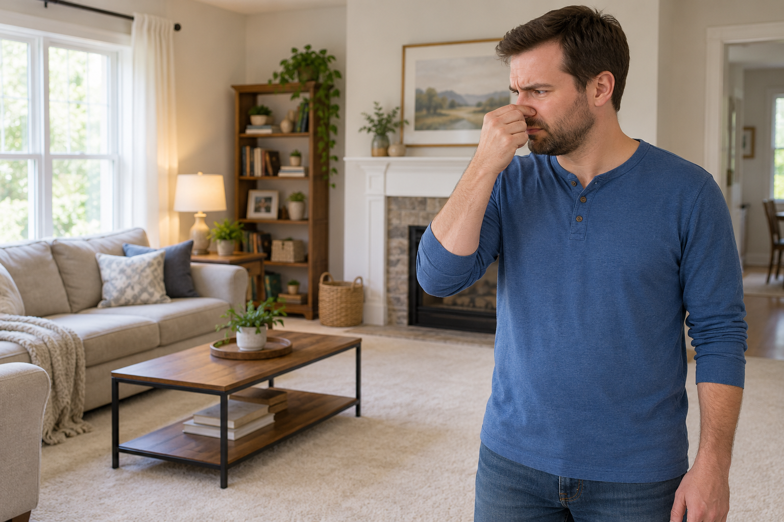 Person holding their nose because of an indoor odor