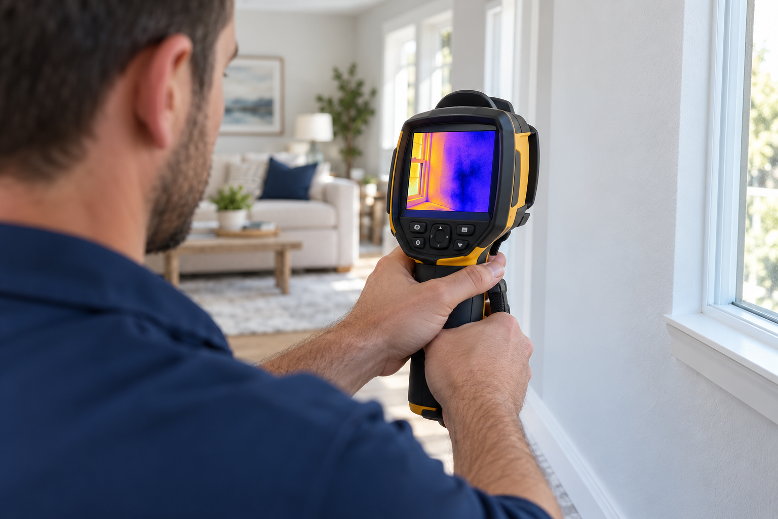Technician using a thermal camera to inspect an interior wall